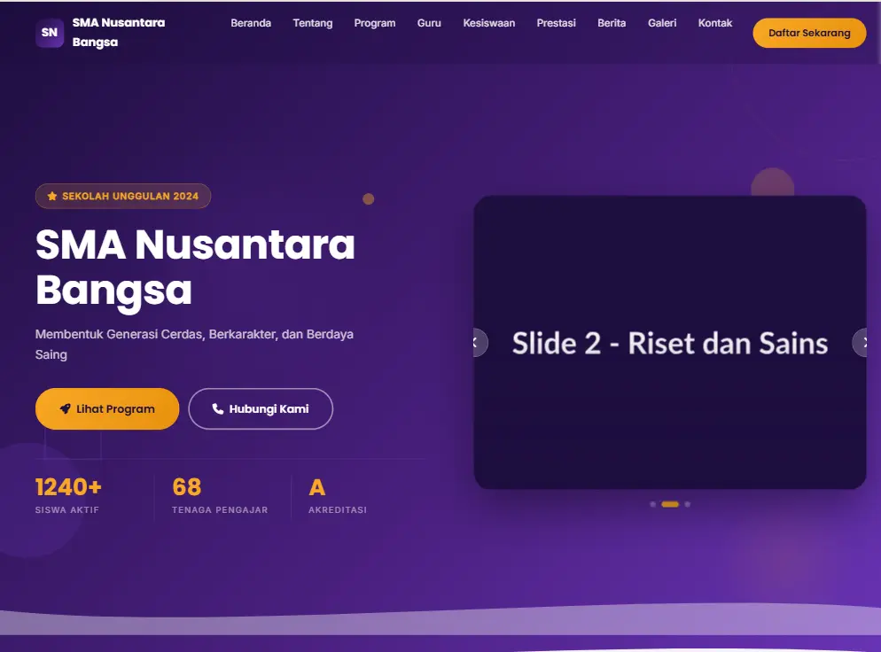 Template website sekolah Purple Smart — cocok untuk Sekolah Unggulan